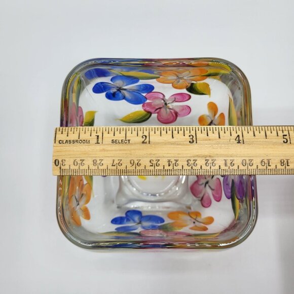Hand-Painted Floral Clear Glass Planter Vase 5" Square Decorative Centerpiece - Picture 10 of 10